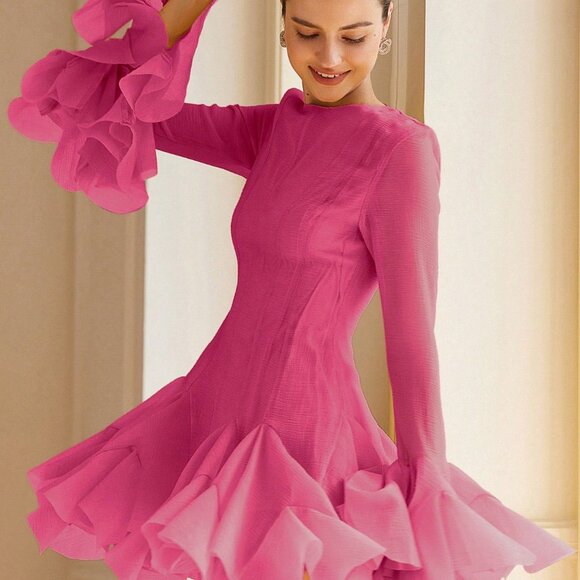 Hot Pink Elegant Women's High-End Design Flared Sleeve ruffled hem mini dress - Picture 1 of 7